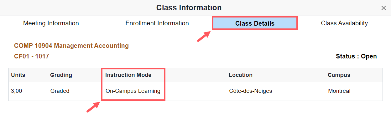 How do I identify the instruction mode of a class in HEC en ligne ...